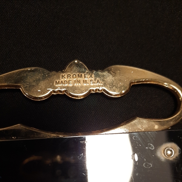 Vintage Kromex Chrome Serving Tray with Gold Tone Handle & Removable Glass  Dish - Picture 11 of 12